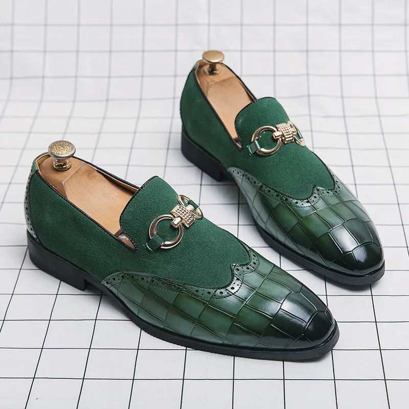 Men's black pointed toe leather shoes with low top design and visible sewing line detailing on artificial PU upper