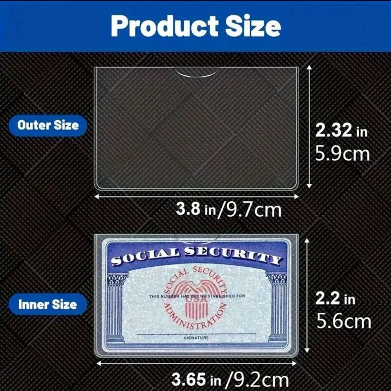 Transparent PVC card holder for social security and bus cards measuring 9.7 by 5.9 cm.