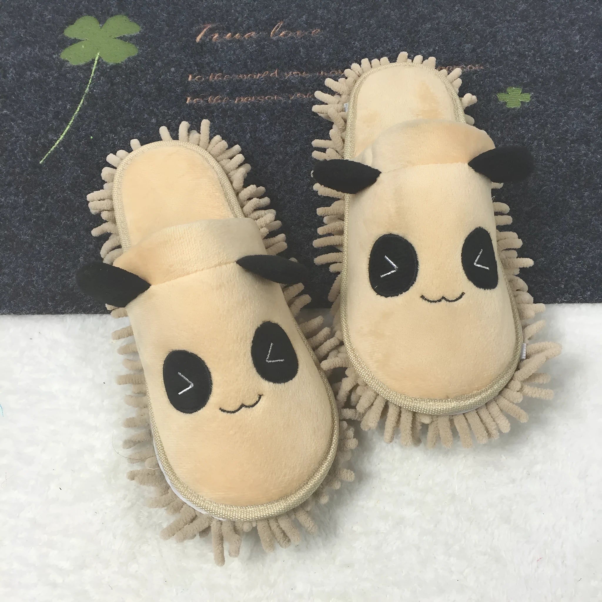 Soft panda mute slippers in four colours: beige, brown, gray, and pink, with chenille sole and fleece upper