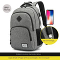 Grey lightweight backpack with USB charging port on strap and trolley sleeve.