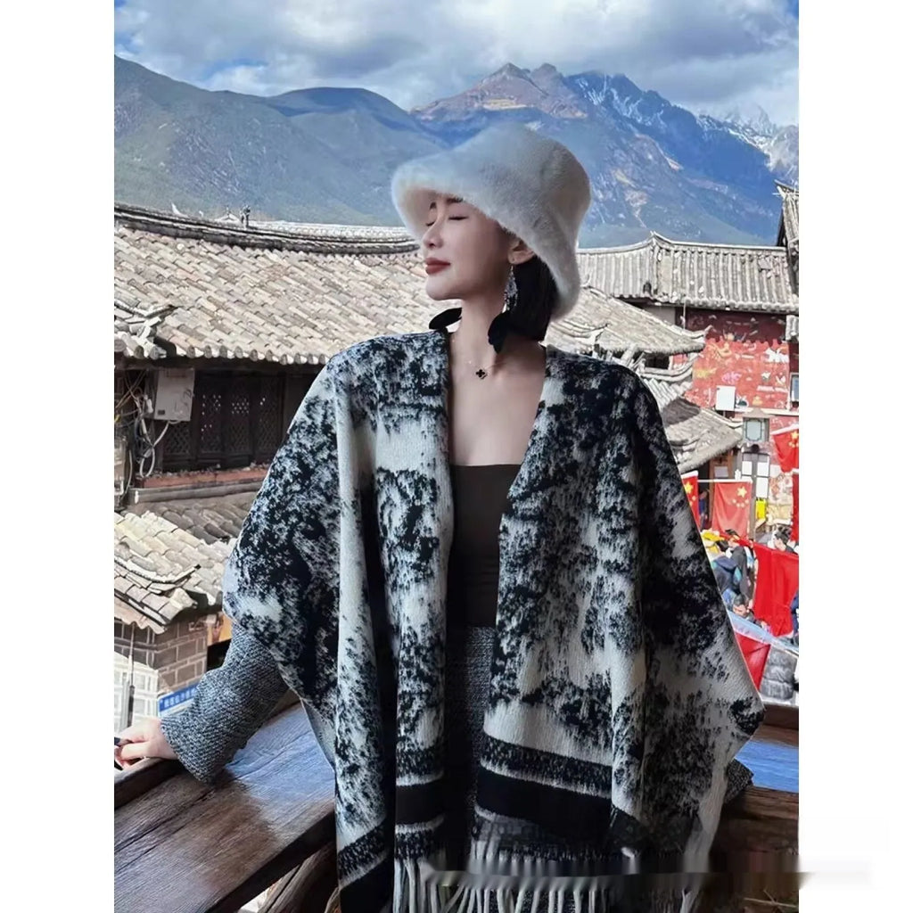 Women's polyester scarf cape with tassel detailing in casual shawl style