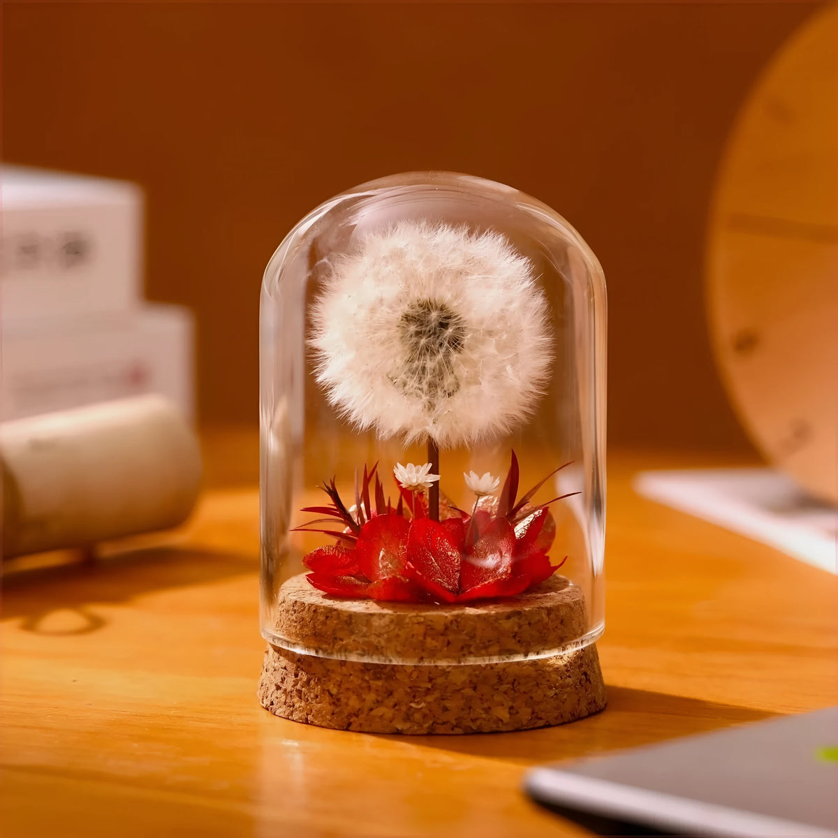 Glass dandelion shaped night light ornament in a gradient colour option on a shelf