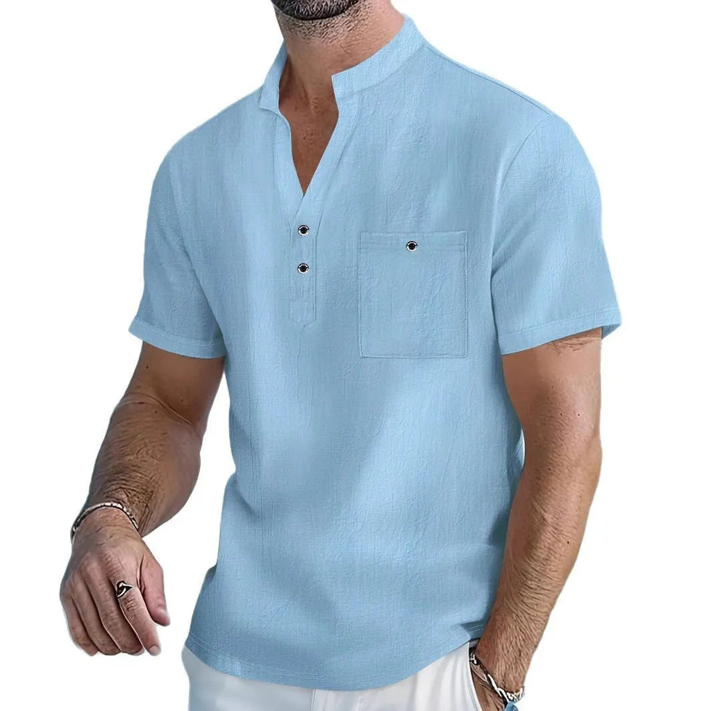 Men's light blue linen stand collar short sleeve t-shirt on a hanger