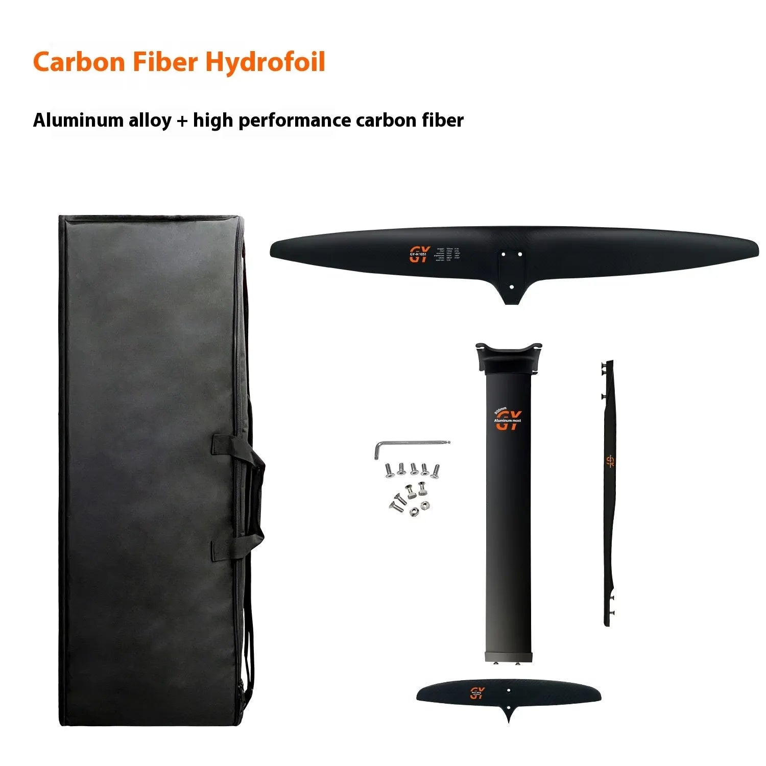 Black carbon fibre and aluminium alloy racing surf hydrofoil with large front wing.