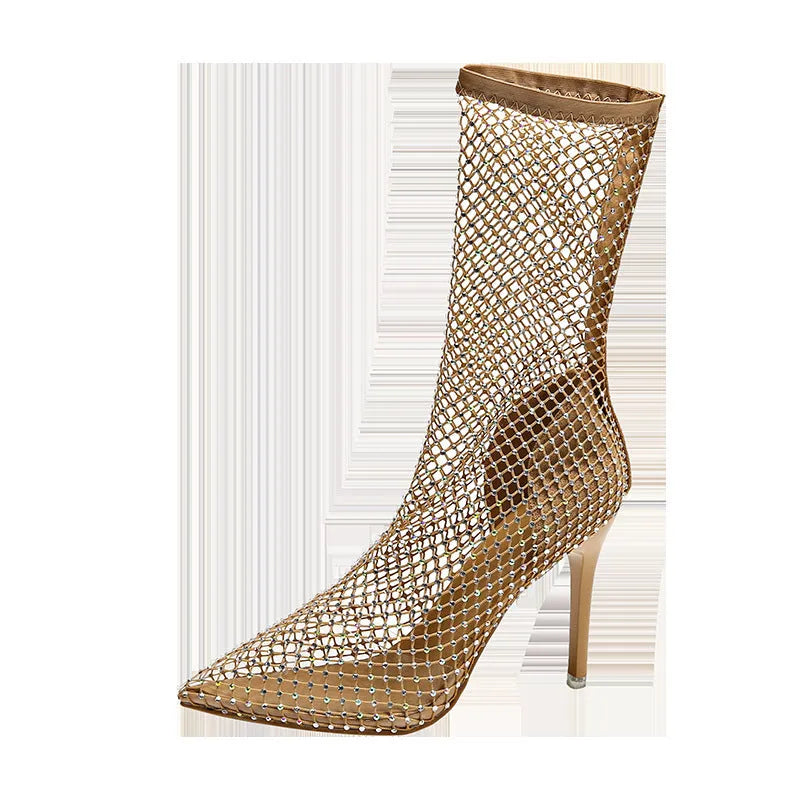 Gold women's high heel sandals with pointed toe, stiletto heel, and mesh upper.