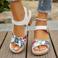 White women's high heel sandals with Velcro buckle fastening and rubber sole