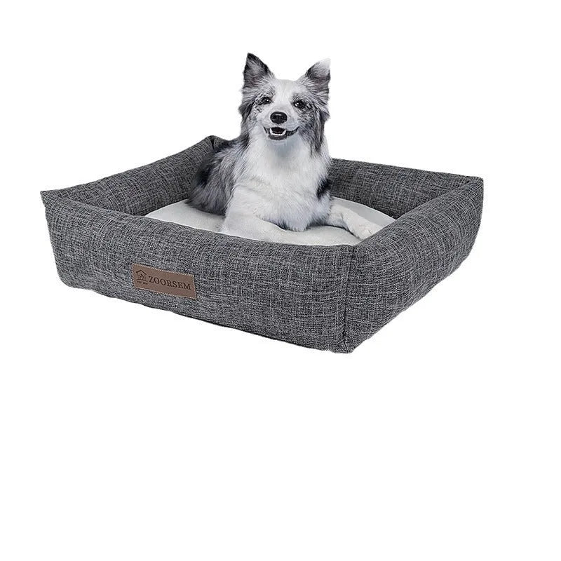 Square linen cloth dog bed for autumn and winter in grey, brown, or plaid colours.