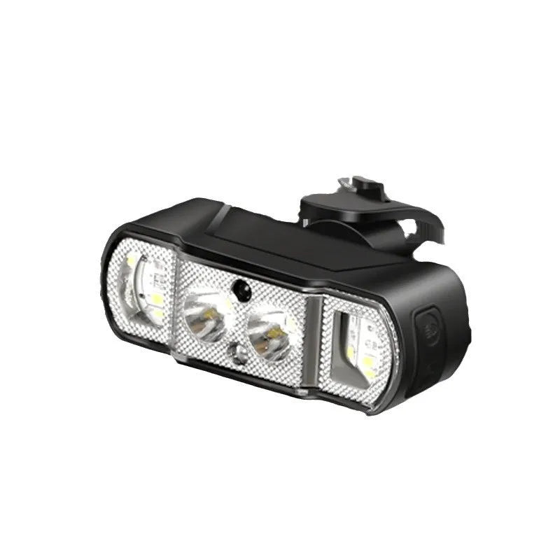 Black bicycle headlight with 350 lumen LED and removable 18650 battery mounted on handlebars
