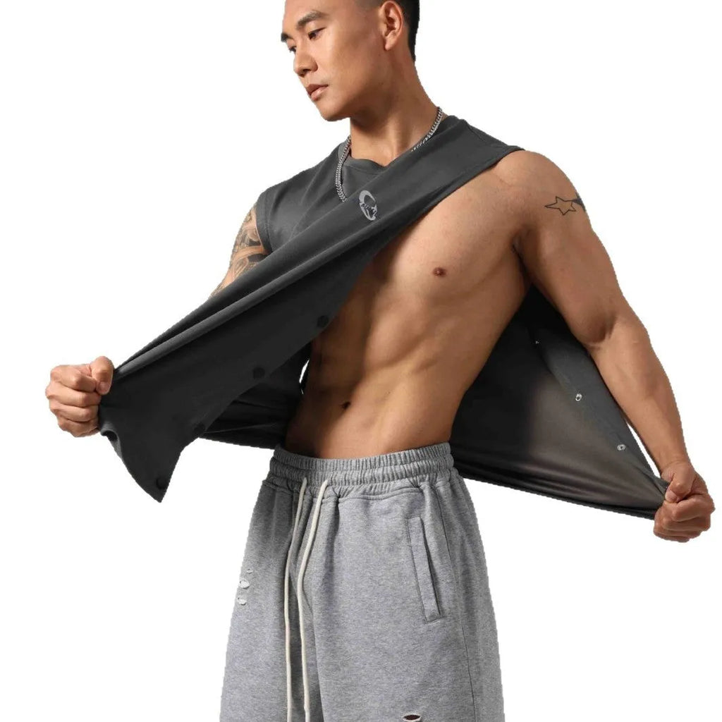 Korean style men's fitness vest with hidden side hooks and loose cotton construction