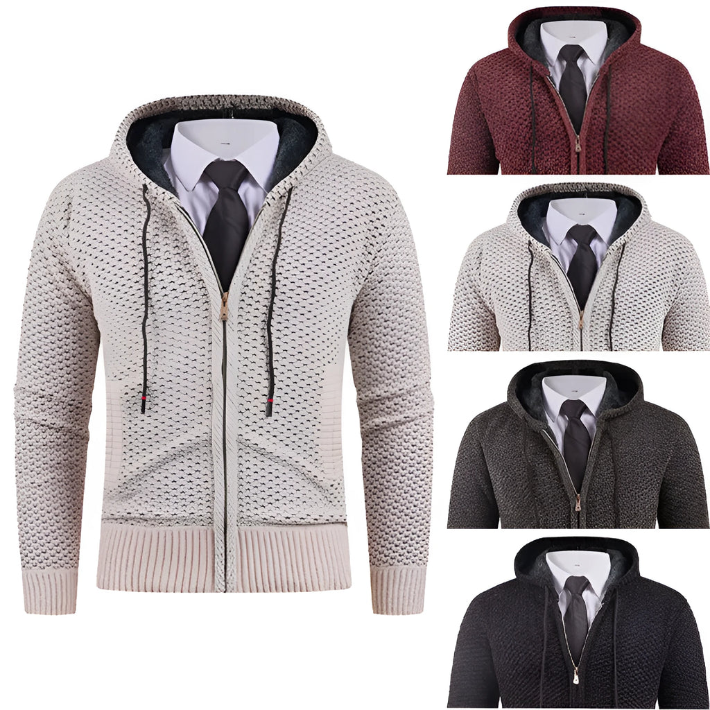 Men's hooded fleece lined sweater with pineapple pin in beige, shown front view on model, available in sizes M to 4XL