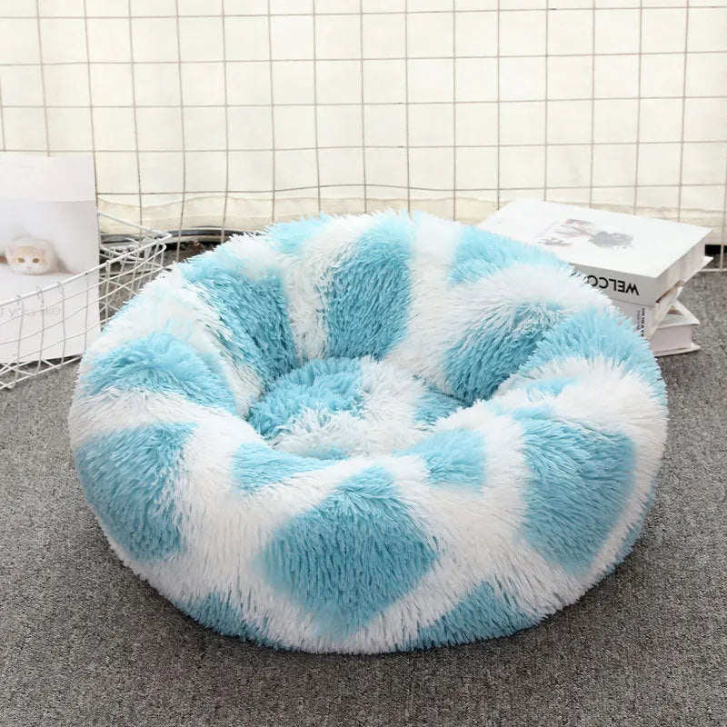 Round plush cloth pet bed for dogs and cats, available in 40cm to 120cm sizes and many colours