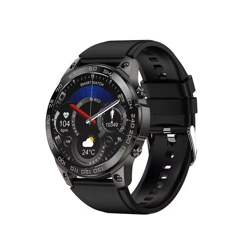 Bluetooth sports watch with round AMOLED display showing fitness metrics on silicone strap