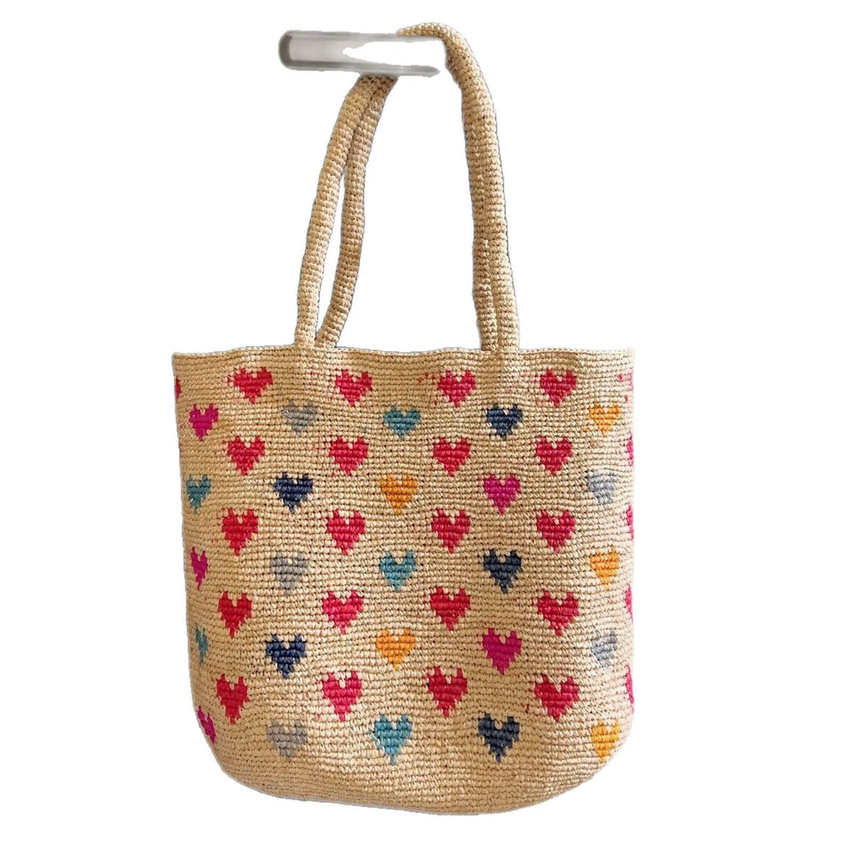 Grass colour raffia woven bucket shoulder bag for women with love embroidery and straw-style weaving