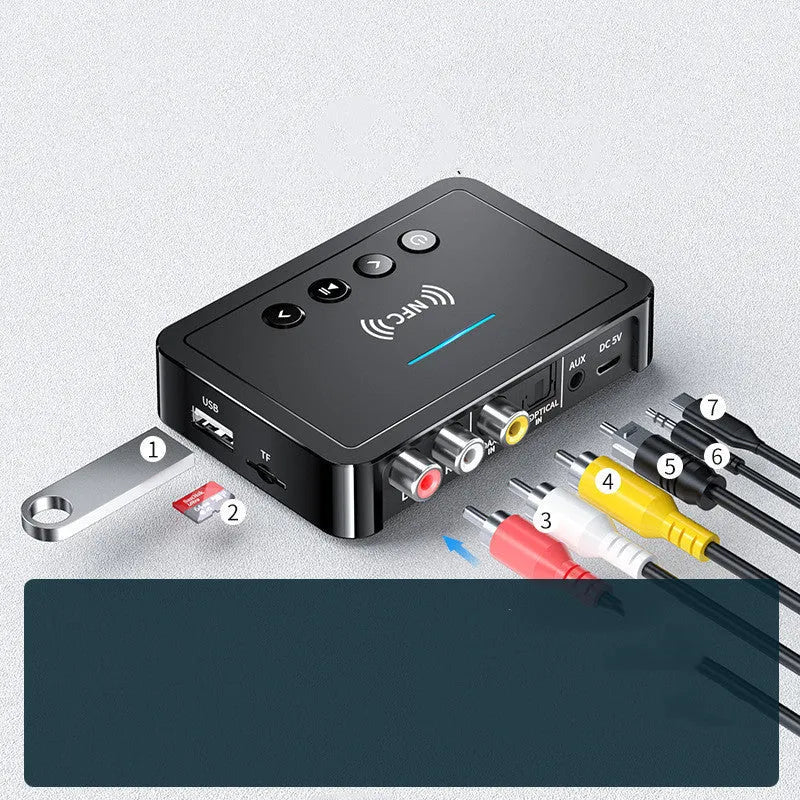 M6 Bluetooth 5.0 NFC receiver adapter with 3.5mm, RCA, optical, coaxial and USB outputs