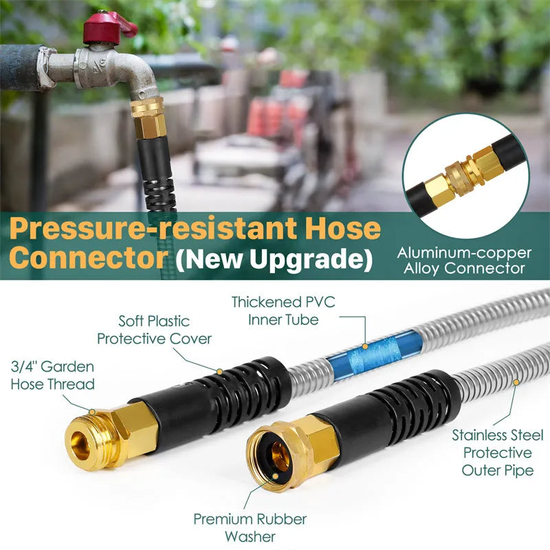 100ft stainless steel metal garden hose with 10-pattern adjustable spray nozzle and 2 nozzles