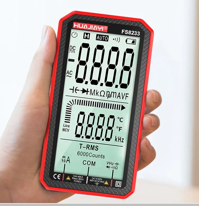 Large screen digital multimeter in black with automatic ranging and high precision display