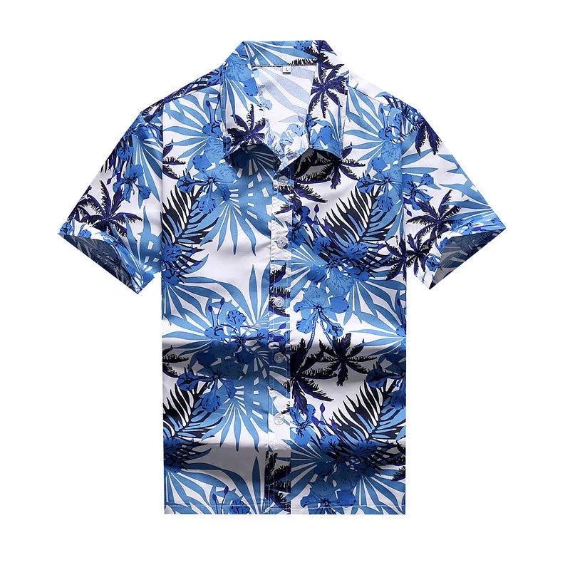 Men's loose beach Hawaiian shirt with short sleeves, floral print, and thin polyester peach skin fabric in yellow, blue, white, or multi-colour.