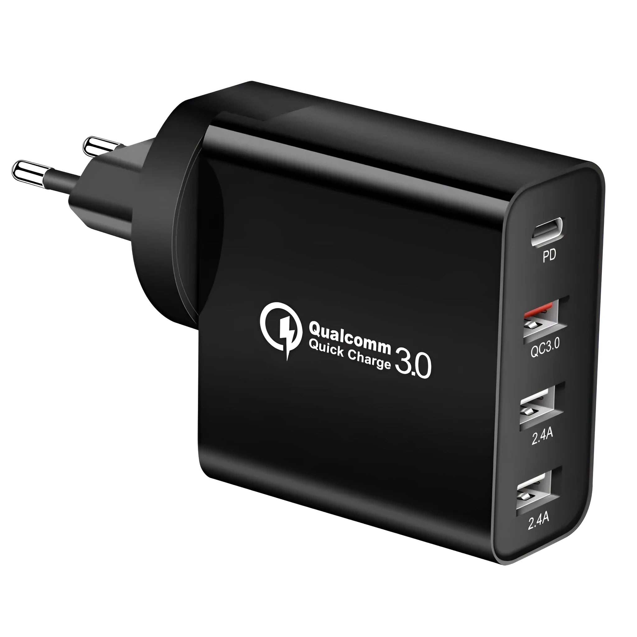 White multi-port fast charging adapter with UK plug on a table.