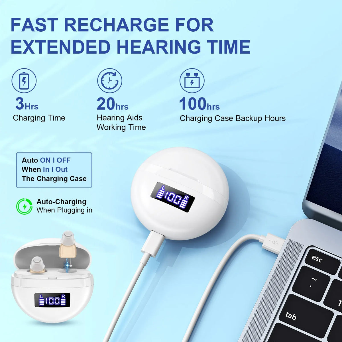 White noise reduction hearing aid with digital display, transparent cable, and magnetic charging base