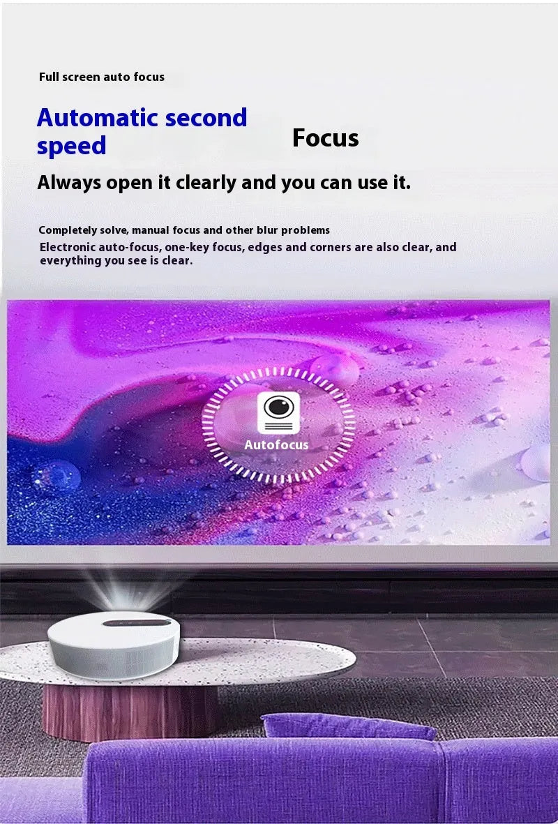 White HD home projector with remote control on a wooden table