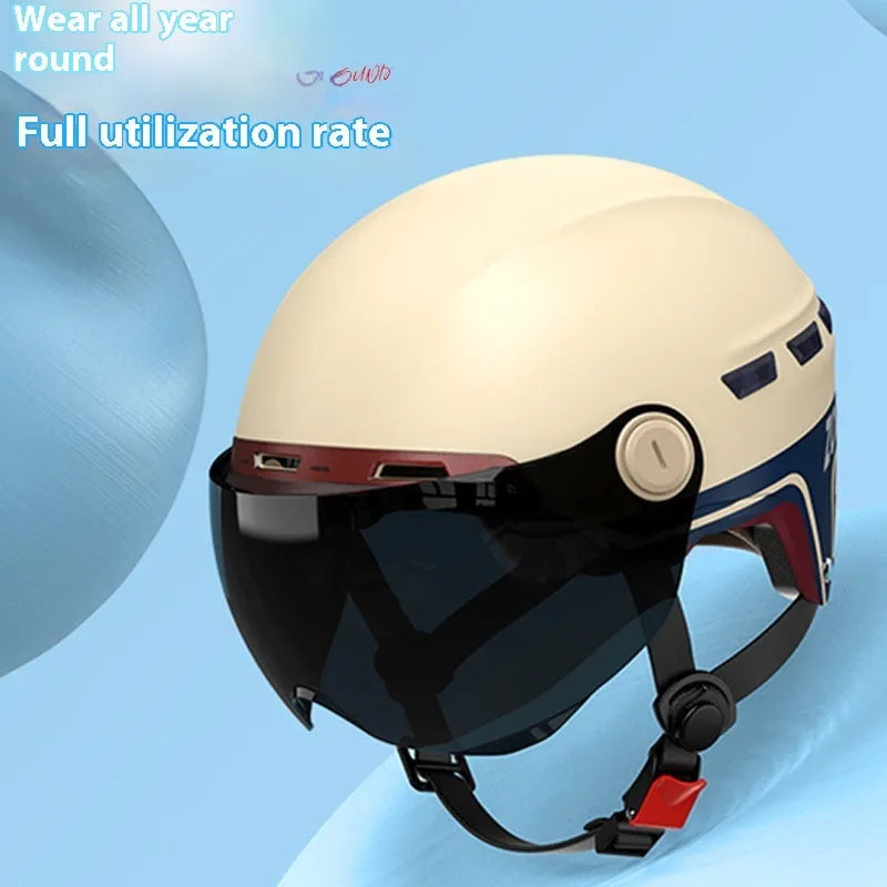 Electric car summer helmet in white, blue, khaki, black or pink with ABS shell, 3C certification and HD short mirror or sun glasses
