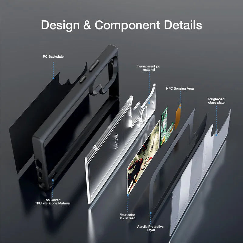 Four-colour NFC e-ink screen phone case for Samsung S24+ with black tempered glass backplate and electroplated finish
