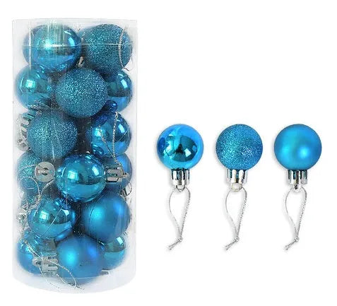Small 3cm diameter shiny matte plastic Christmas bauble in assorted colours including gold, red, silver, and blue.