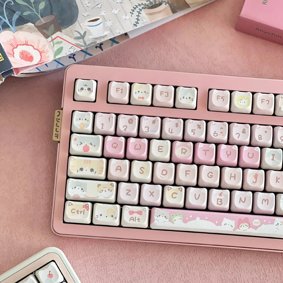 Full set of 141 Meow Meow Team themed keycaps with sublimation printing on five sides.