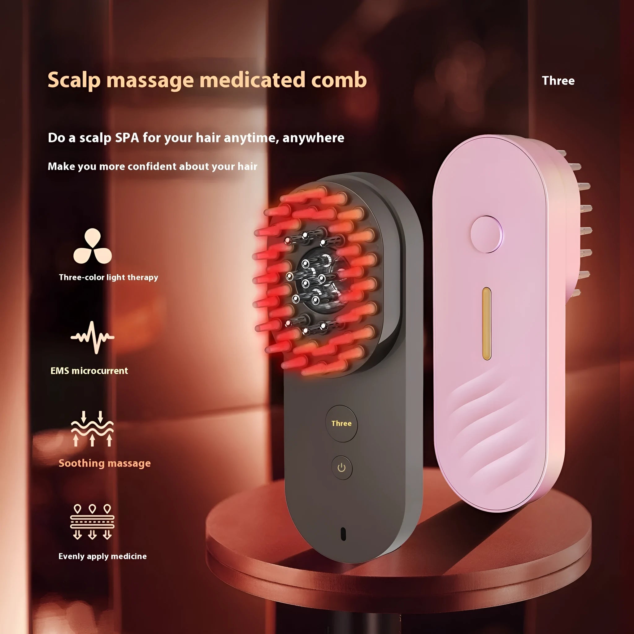 Smart massage comb with red light therapy in pink colour, measuring less than 10cm