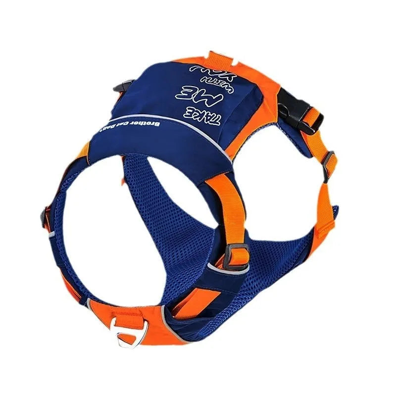 Orange blue vest style dog chest strap with hand rope attachment on medium sized dog