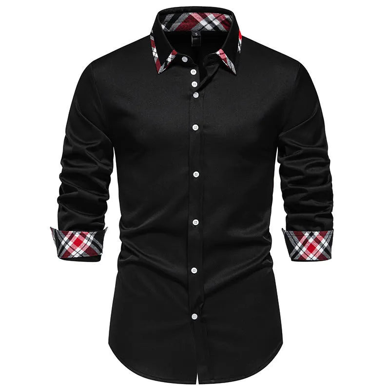 Men's blue plaid shirt with triangle collar and long sleeves