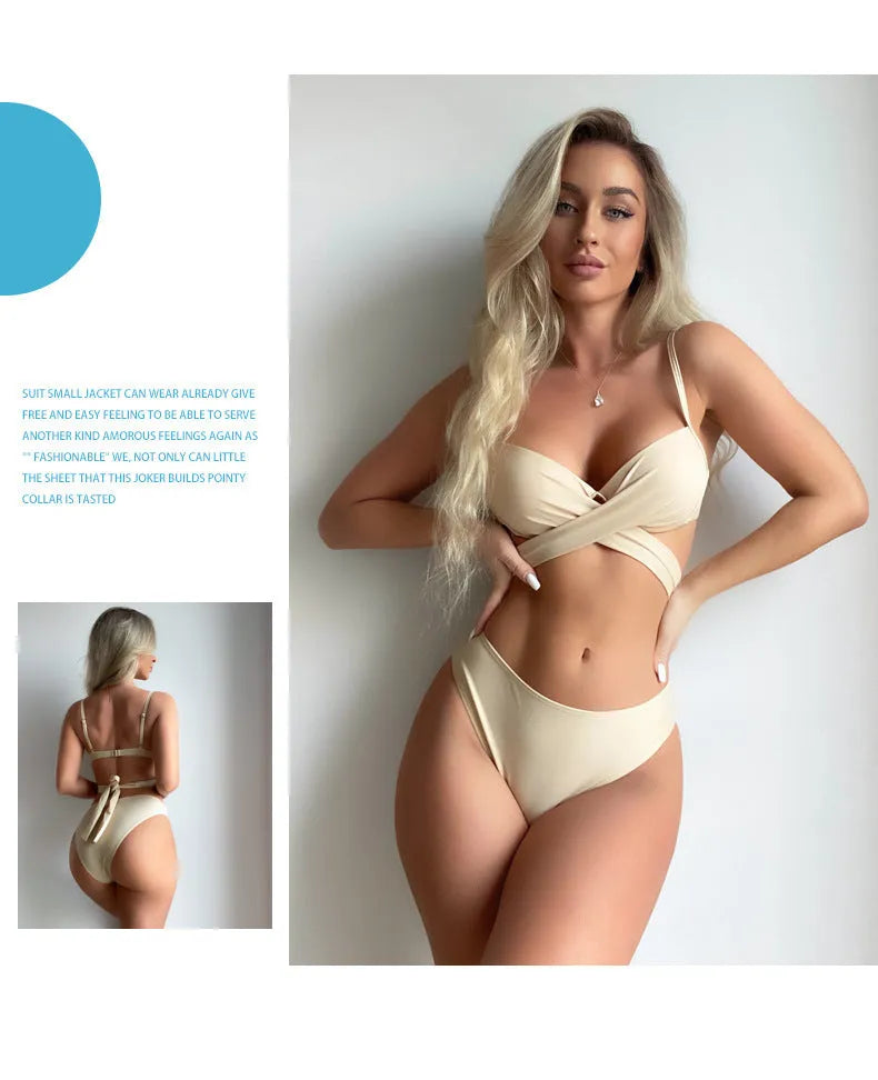 Women's creamy white backless push-up bikini three-piece set with a skirt on a neutral background.