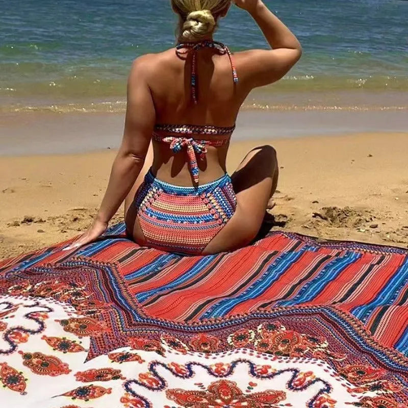 Women's three-piece swimsuit set showing high-waist briefs, sleeveless cutout blouse, and matching coat.