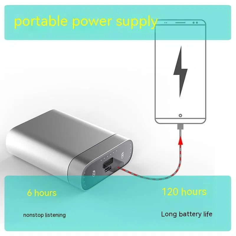 Silver gray wireless Bluetooth headset with charging compartment power bank, 74x28x95mm, LOOP T6