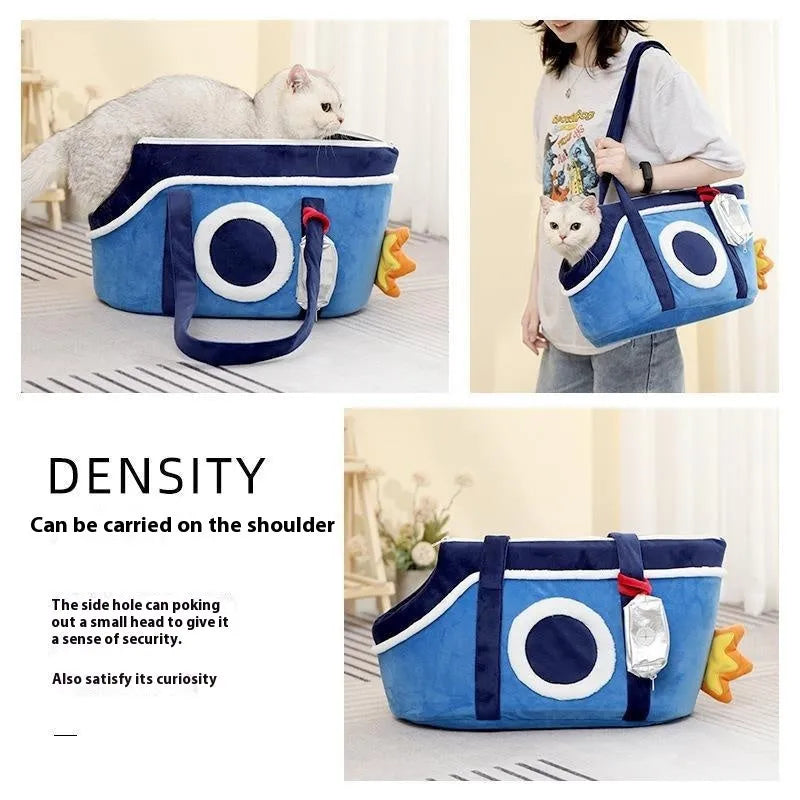 Shoulder cat bag in short plush with cartoon pattern, shown in green, red vertical stripes, or yellow and sunny colour options.