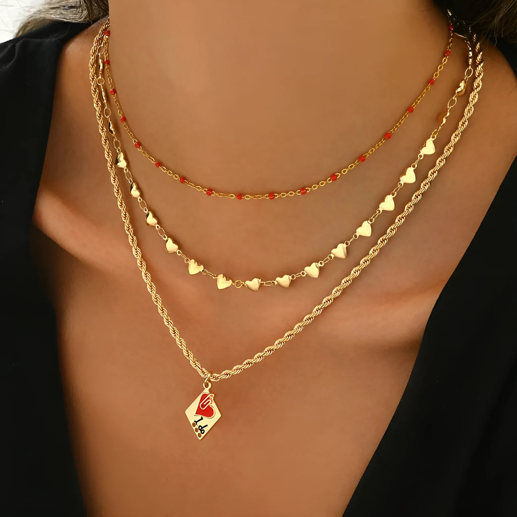 Women's triple-layer geometric heart necklace on clavicle chain with adjustable 41-50cm length
