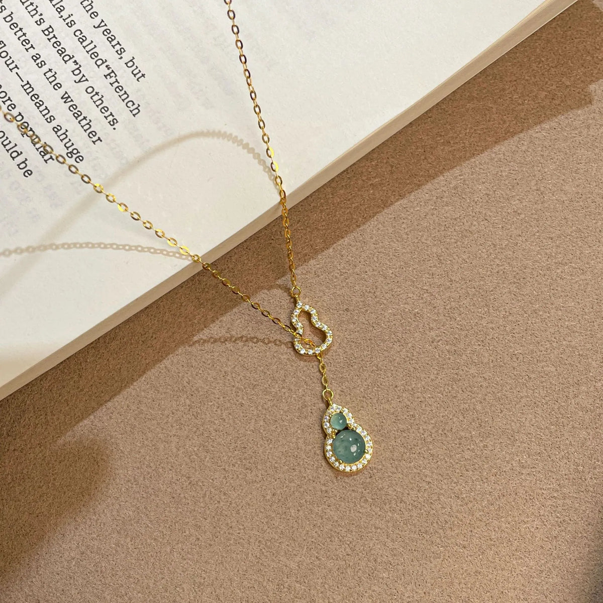 925 silver double gourd jade necklace with O-link chain and electroplated finish, 41-50cm