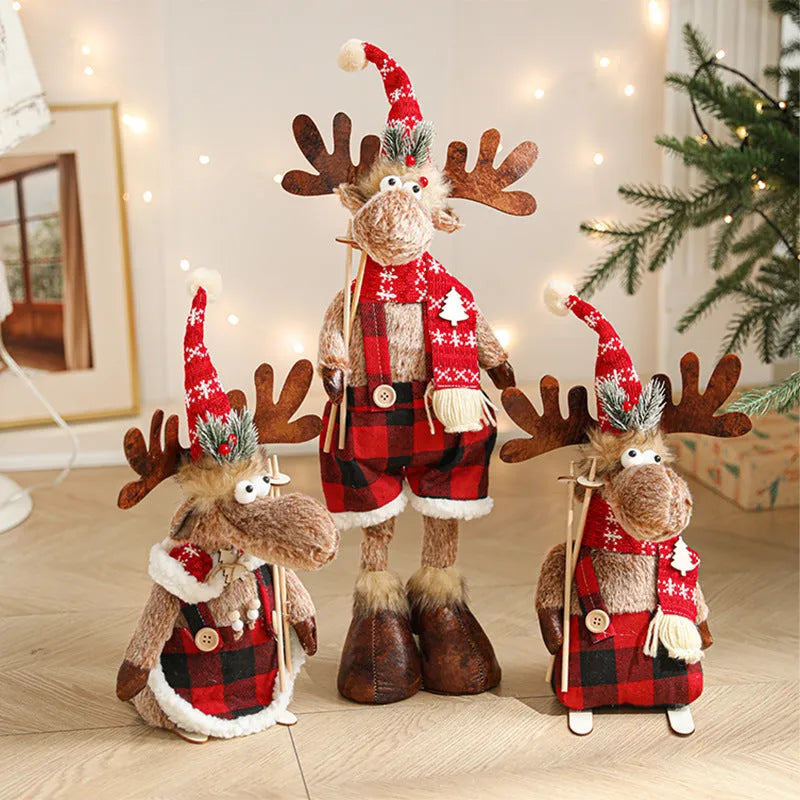 Cartoon plush elk decoration in grey or coffee cloth, retractable Christmas doll for festive display