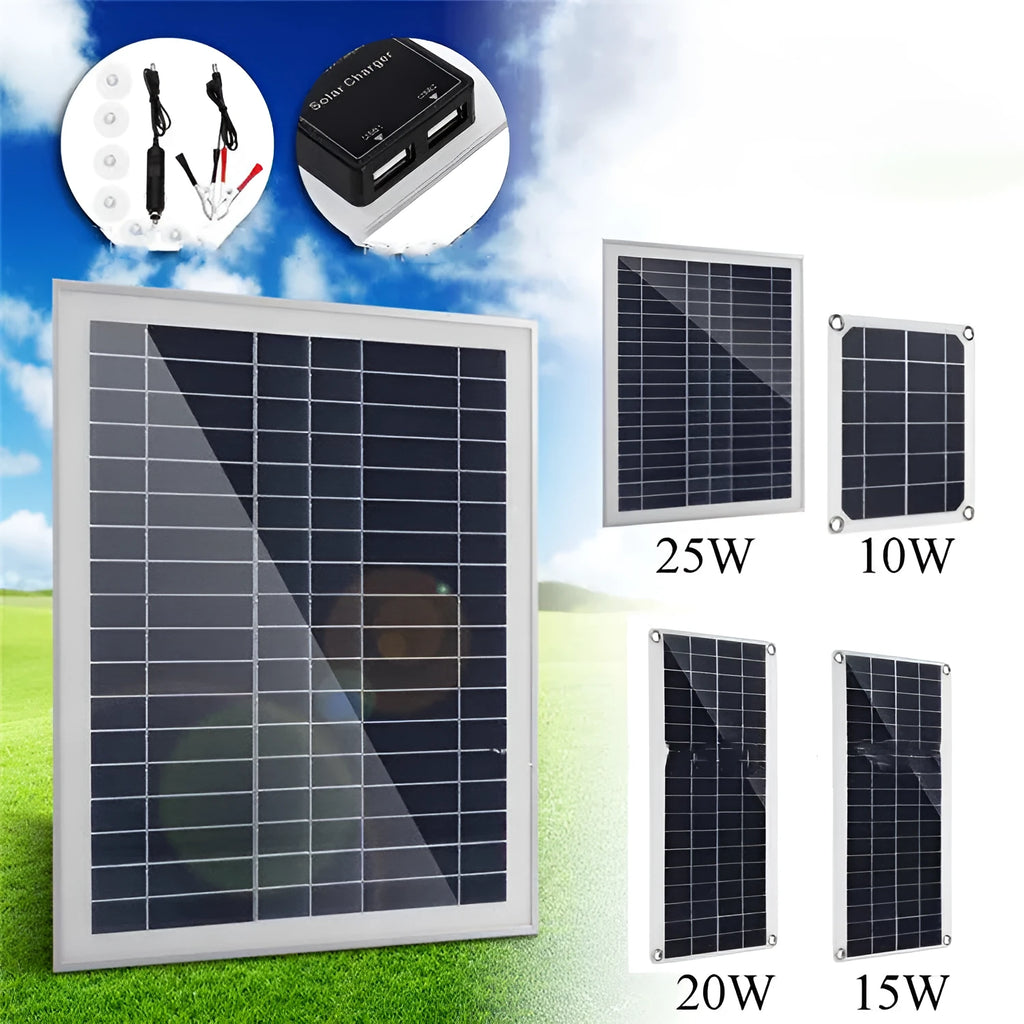Portable polycrystalline silicon solar panel with dual USB charging ports for outdoor use.