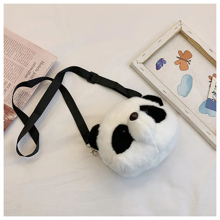 Cute plush crossbody bag with Panda Head design, cylindrical shape measuring 18cm