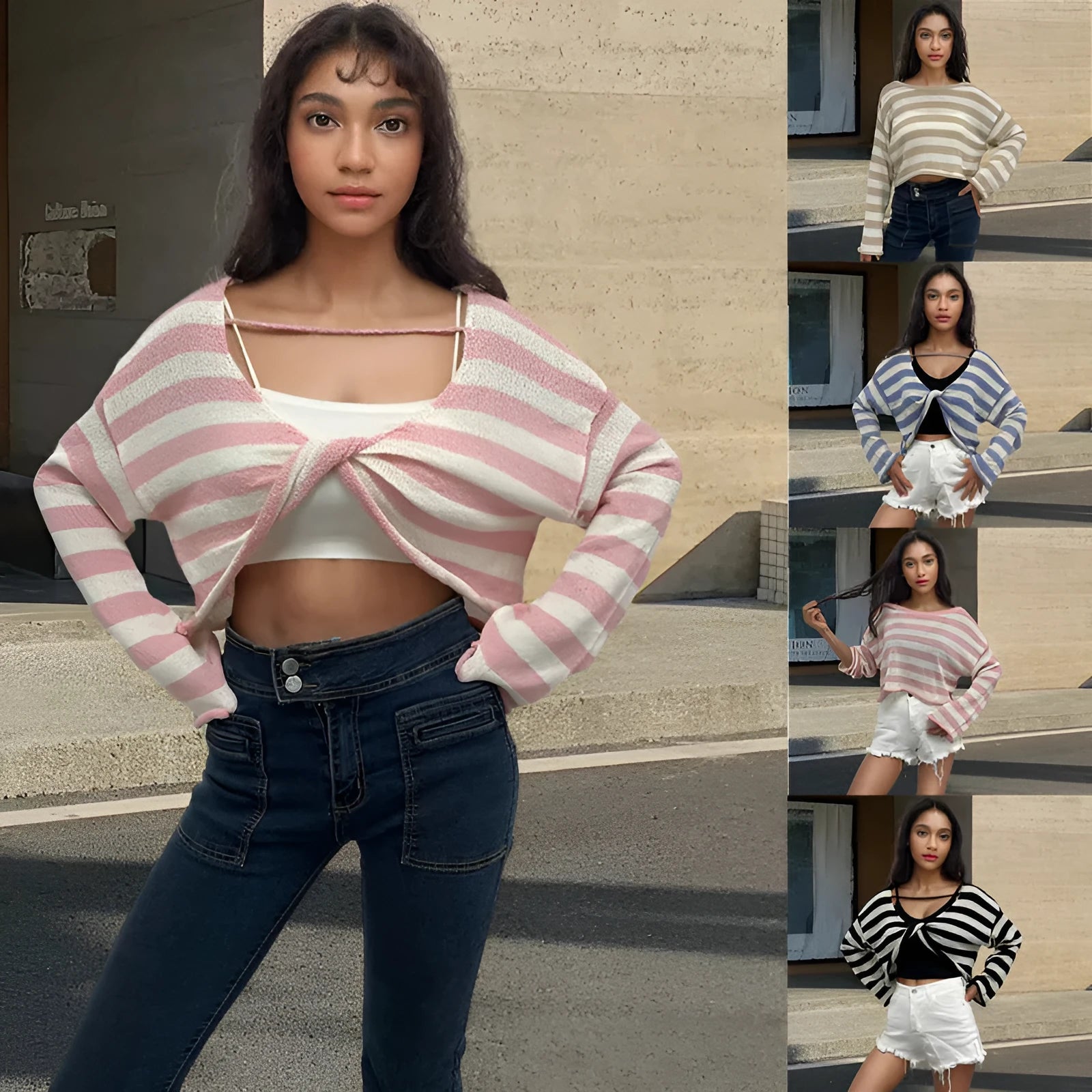 Long-sleeved striped pullover sweater in mercerised cotton shown in multiple colours.