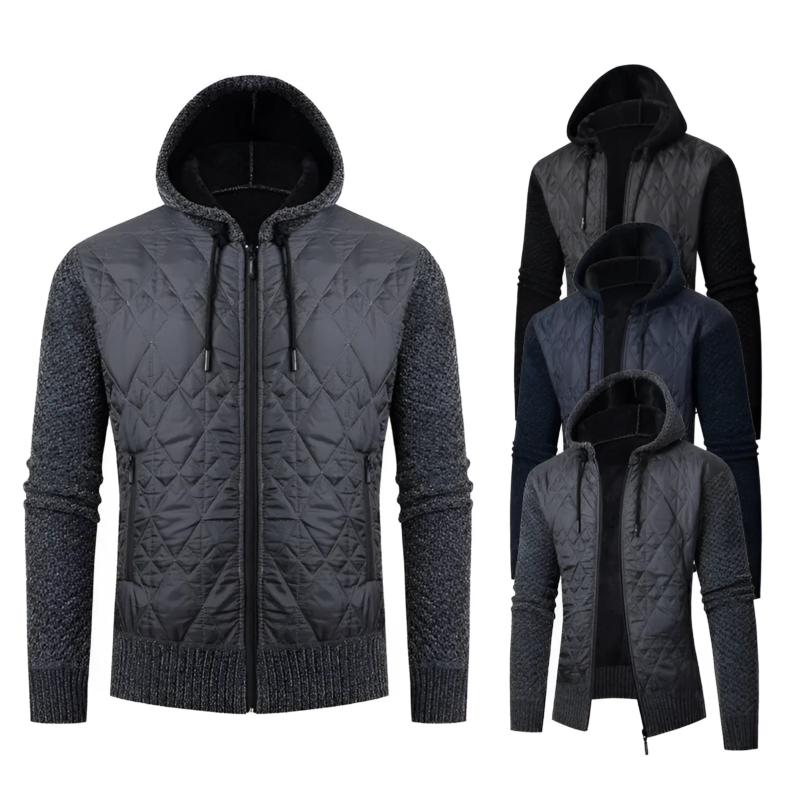 Men's grey hooded corduroy sweater coat with cinched waistline