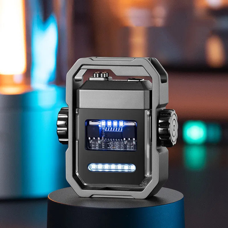 Zinc alloy windproof double arc electric lighter with rotary gyroscope in black nickel brushed finish on a dark background