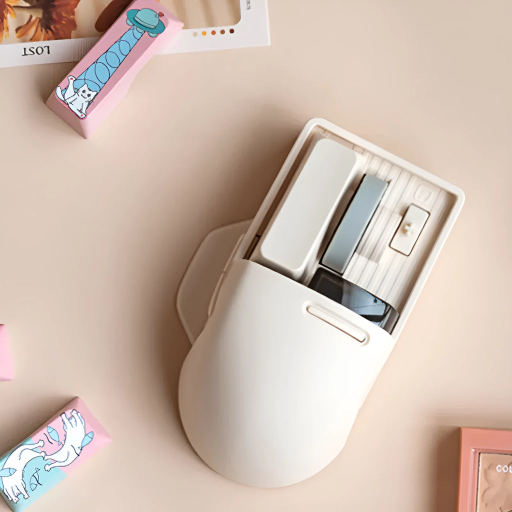 Xiaoqiao three-mode wireless mouse in matte finish showing ergonomic right-hand design with USB receiver and charging cable