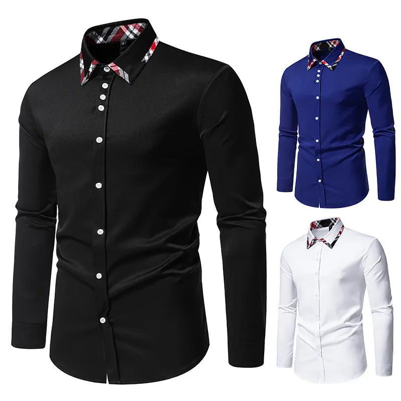 Men's blue plaid shirt with triangle collar and long sleeves