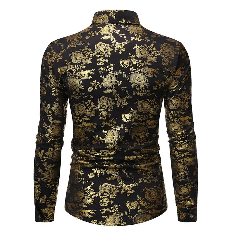 Men's casual cardigan shirt with a bronze-printed lapel, long sleeves, and a regular fit.