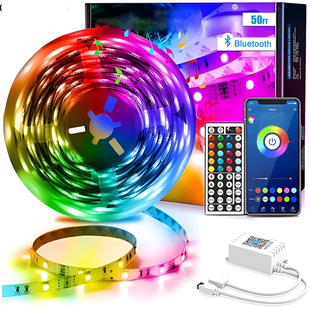 DC 12V Bluetooth LED light strip with 44-key remote controller and power adapter