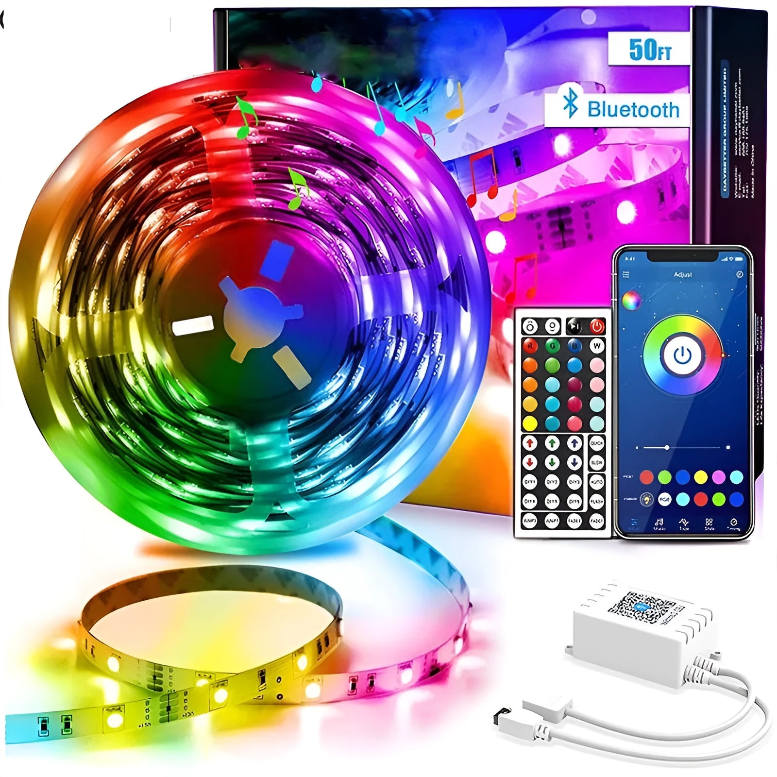 DC 12V Bluetooth LED light strip with 44-key remote controller and power adapter