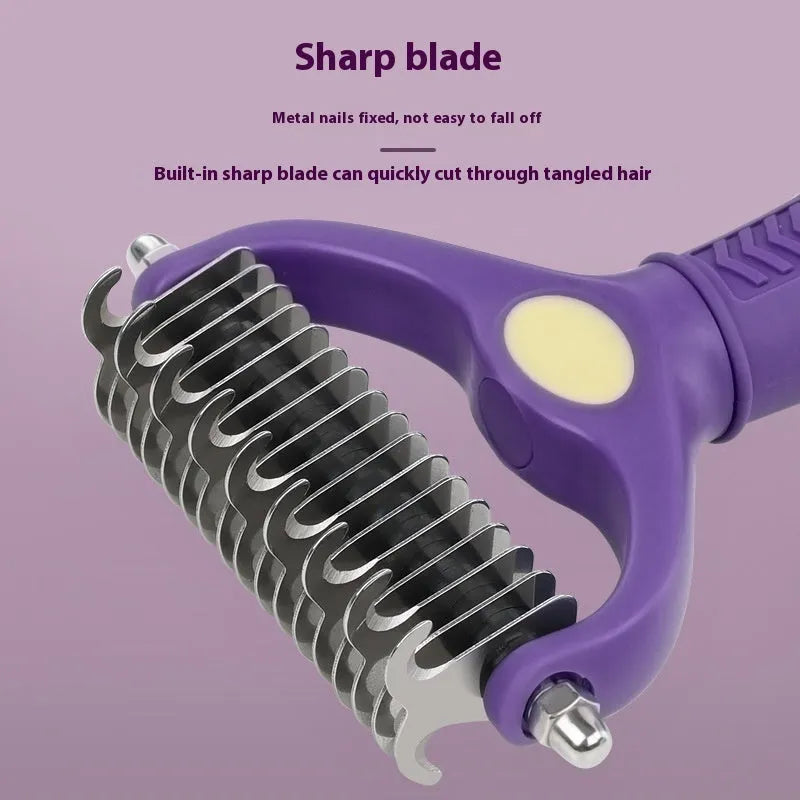 Purple double-sided pet grooming comb for detangling knots and brushing dog and cat fur