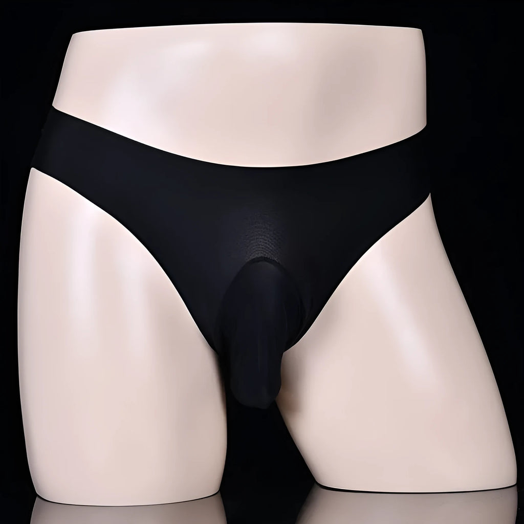 Men's black ice silk T-back briefs with low waist design on a neutral background